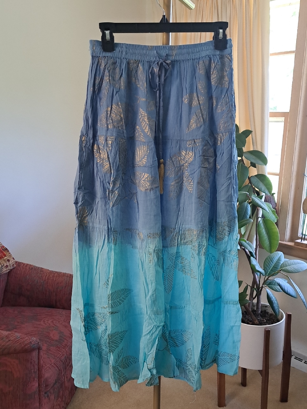 Rhea Bohemian Blue Ombre Maxi Skirt with Metallic Leaf Print 14-17 Waist
